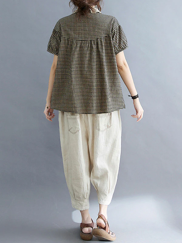 Cotton Blend Plaid Polo Puff Sleeve T-Shirts Tops - Image 6
