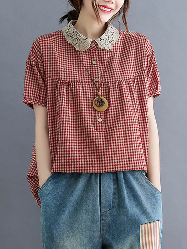 Cotton Blend Plaid Polo Puff Sleeve T-Shirts Tops - Image 7