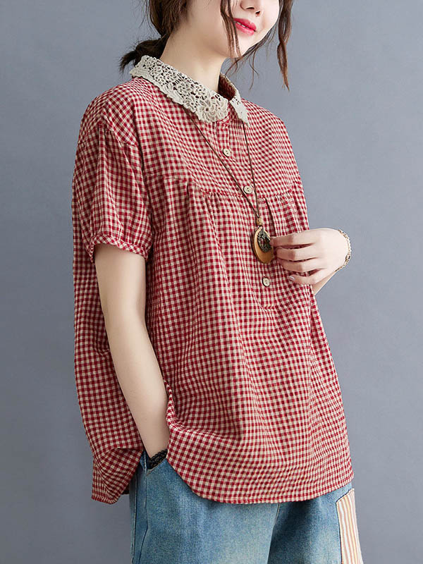 Cotton Blend Plaid Polo Puff Sleeve T-Shirts Tops - Image 8