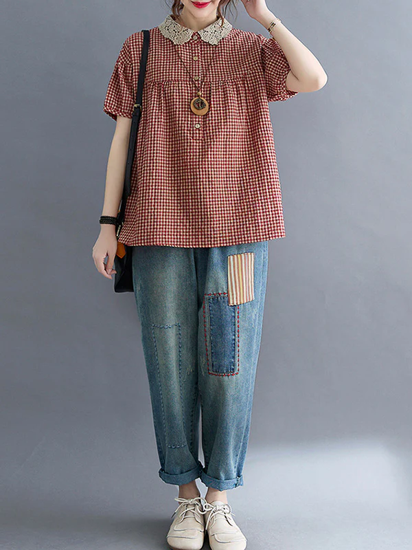 Cotton Blend Plaid Polo Puff Sleeve T-Shirts Tops - Image 9