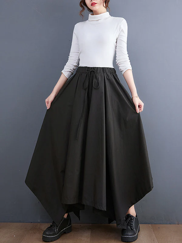 Cropped A-Line Drawstring Solid Color Pants Culotte - Image 4
