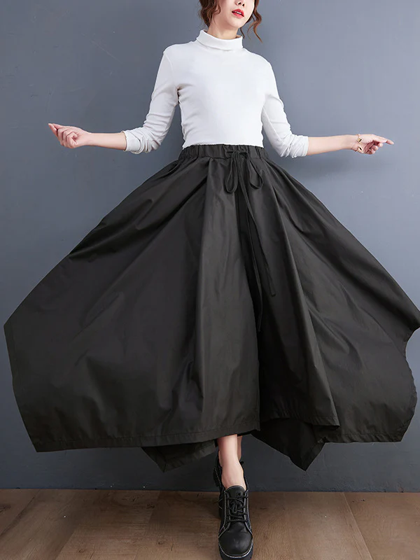 Cropped A-Line Drawstring Solid Color Pants Culotte - Image 5