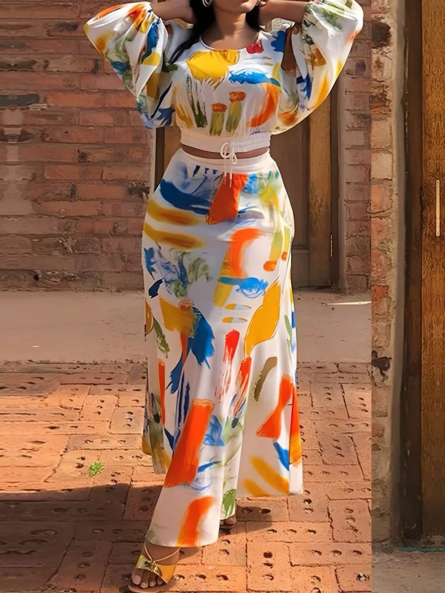 Cropped Elasticated Waist Contrast Color Drawstring Graffiti Printed Pleated Split-Joint Round-Neck Blouses&Shirts Tops - Image 2