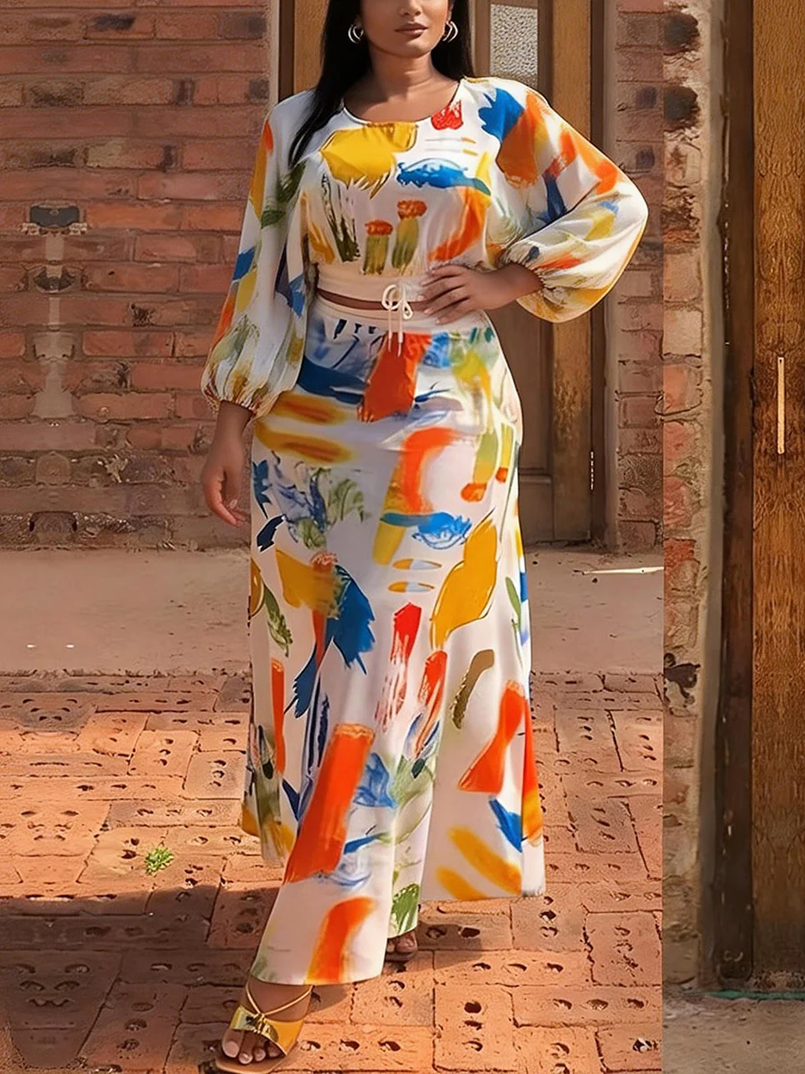 Cropped Elasticated Waist Contrast Color Drawstring Graffiti Printed Pleated Split-Joint Round-Neck Blouses&Shirts Tops - Image 3