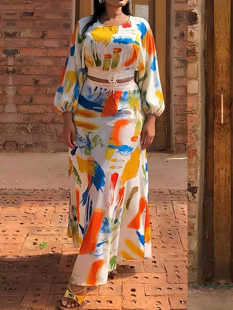 Cropped Elasticated Waist Contrast Color Drawstring Graffiti Printed Pleated Split-Joint Round-Neck Blouses&Shirts Tops - Image 4