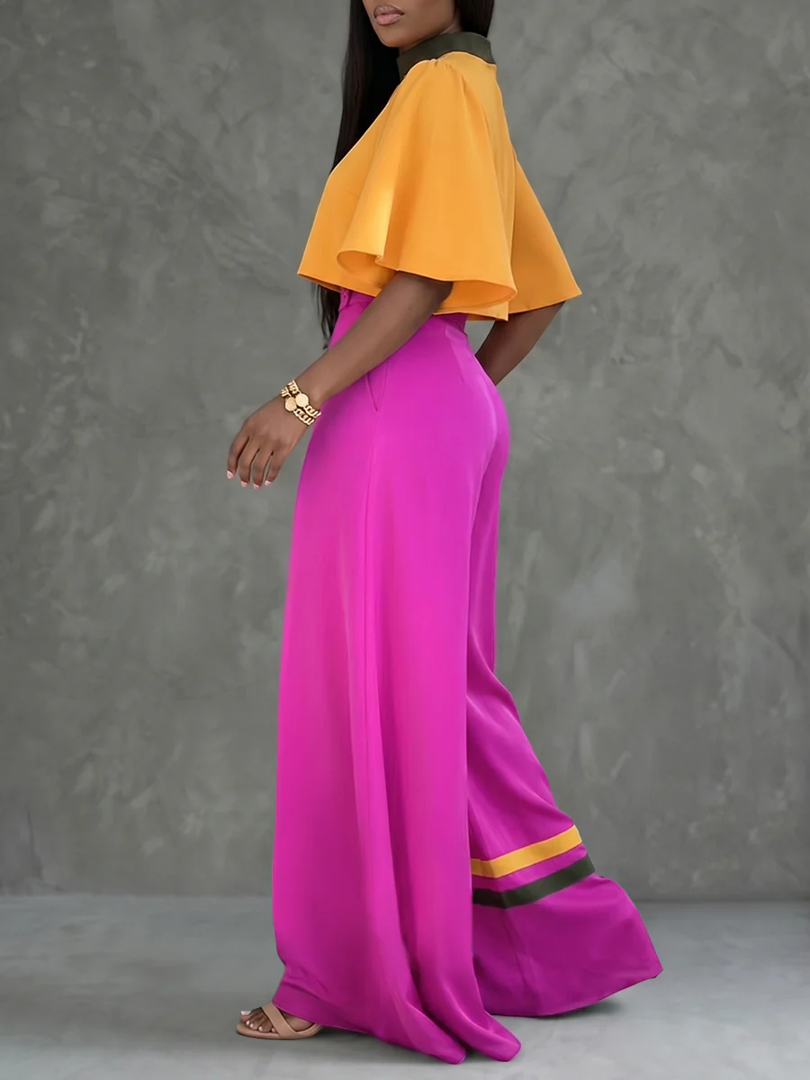 Cropped Flared Sleeves Contrast Color Pleated Stand Collar Blouses&Shirts Tops - Image 4
