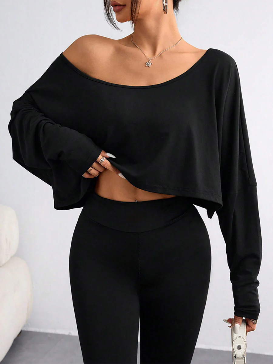 Cropped Long Sleeves Solid Color One-Shoulder Blouses&Shirts Tops