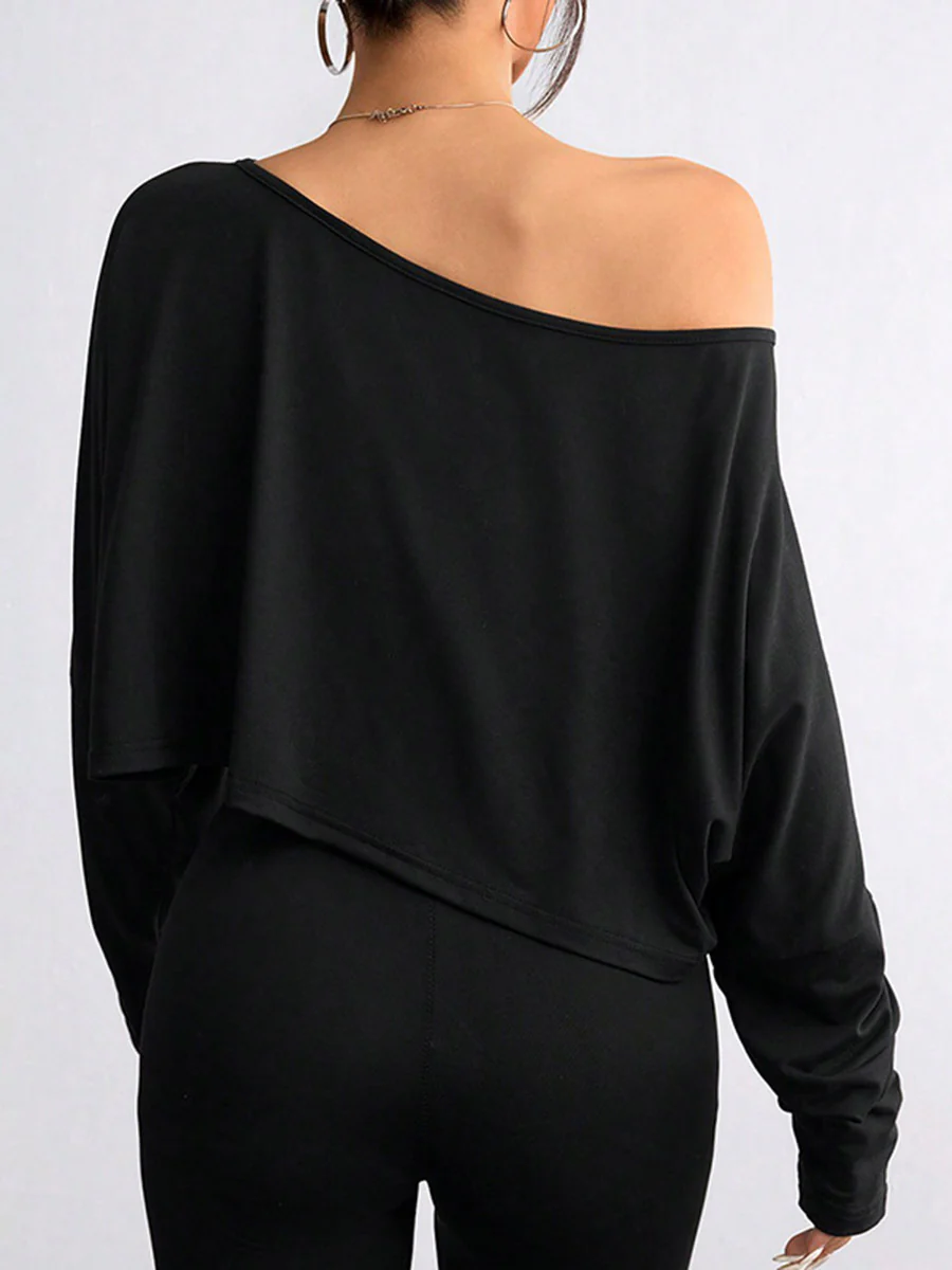 Cropped Long Sleeves Solid Color One-Shoulder Blouses&Shirts Tops - Image 3