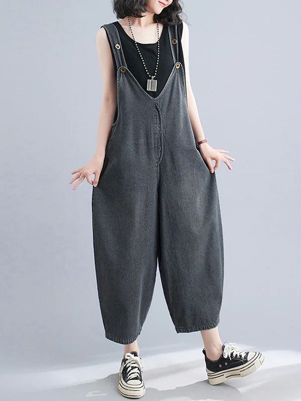 Cropped Loose Denim Buttoned Overalls - Image 10