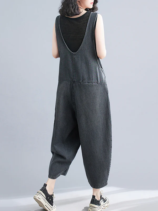 Cropped Loose Denim Buttoned Overalls - Image 11
