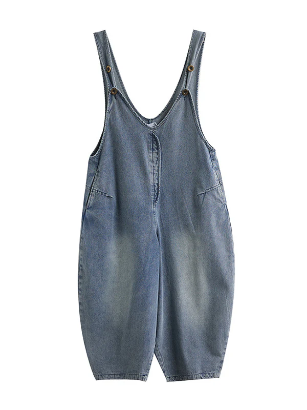 Cropped Loose Denim Buttoned Overalls - Image 12