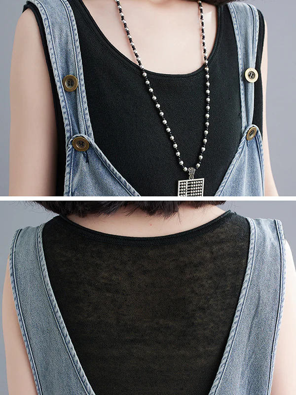 Cropped Loose Denim Buttoned Overalls - Image 13