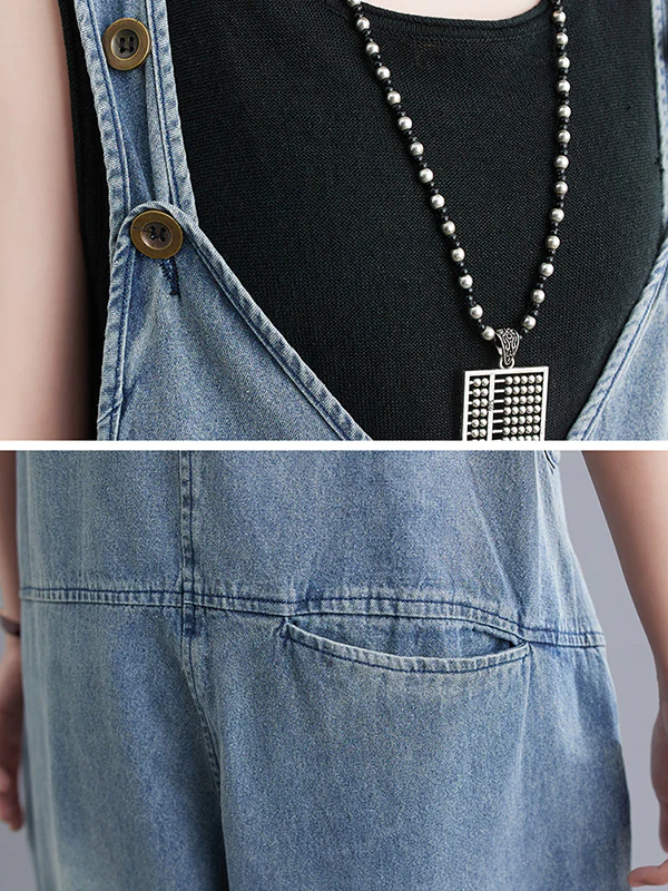 Cropped Loose Denim Buttoned Overalls - Image 14