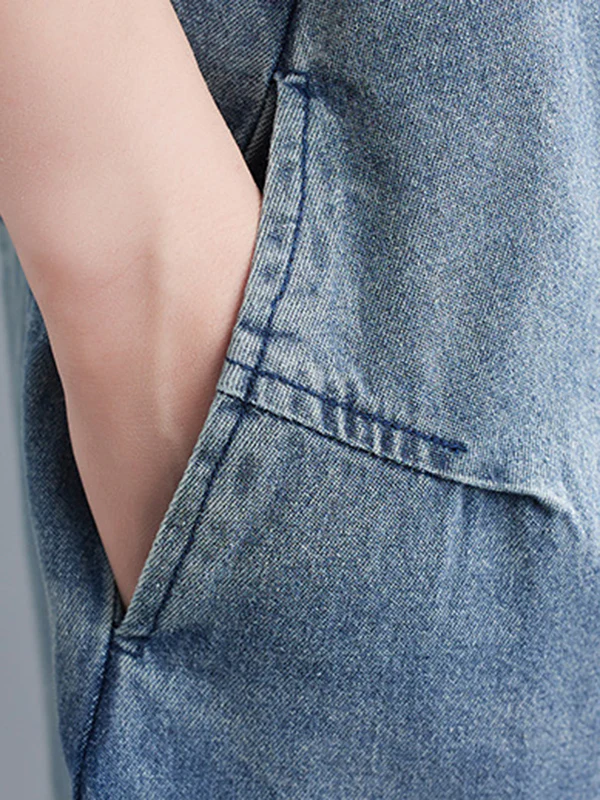 Cropped Loose Denim Buttoned Overalls - Image 15
