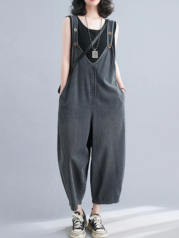 Cropped Loose Denim Buttoned Overalls - Image 2