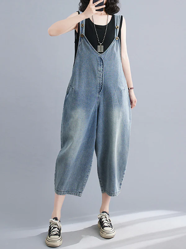 Cropped Loose Denim Buttoned Overalls - Image 3
