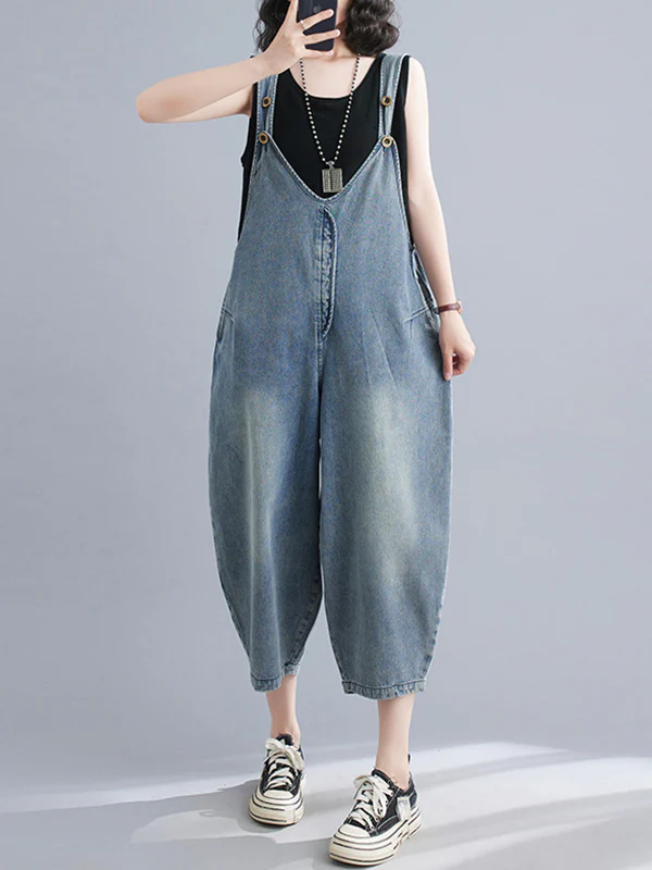 Cropped Loose Denim Buttoned Overalls - Image 4