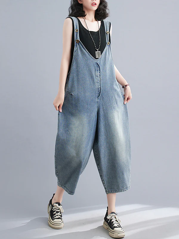 Cropped Loose Denim Buttoned Overalls - Image 5