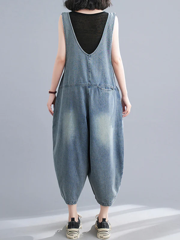 Cropped Loose Denim Buttoned Overalls - Image 6