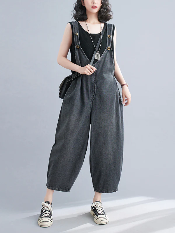 Cropped Loose Denim Buttoned Overalls - Image 7