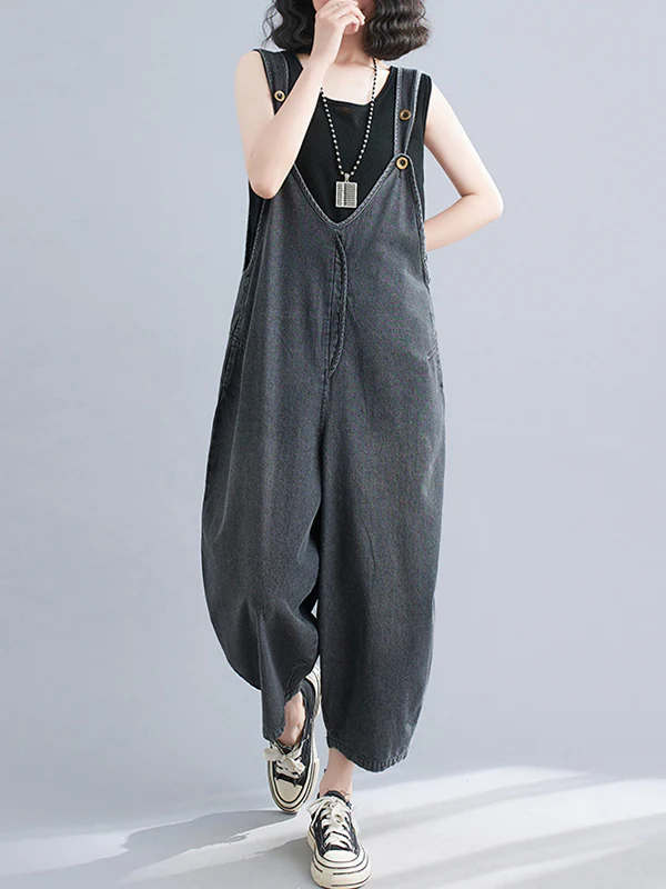 Cropped Loose Denim Buttoned Overalls - Image 8