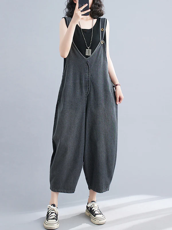 Cropped Loose Denim Buttoned Overalls - Image 9