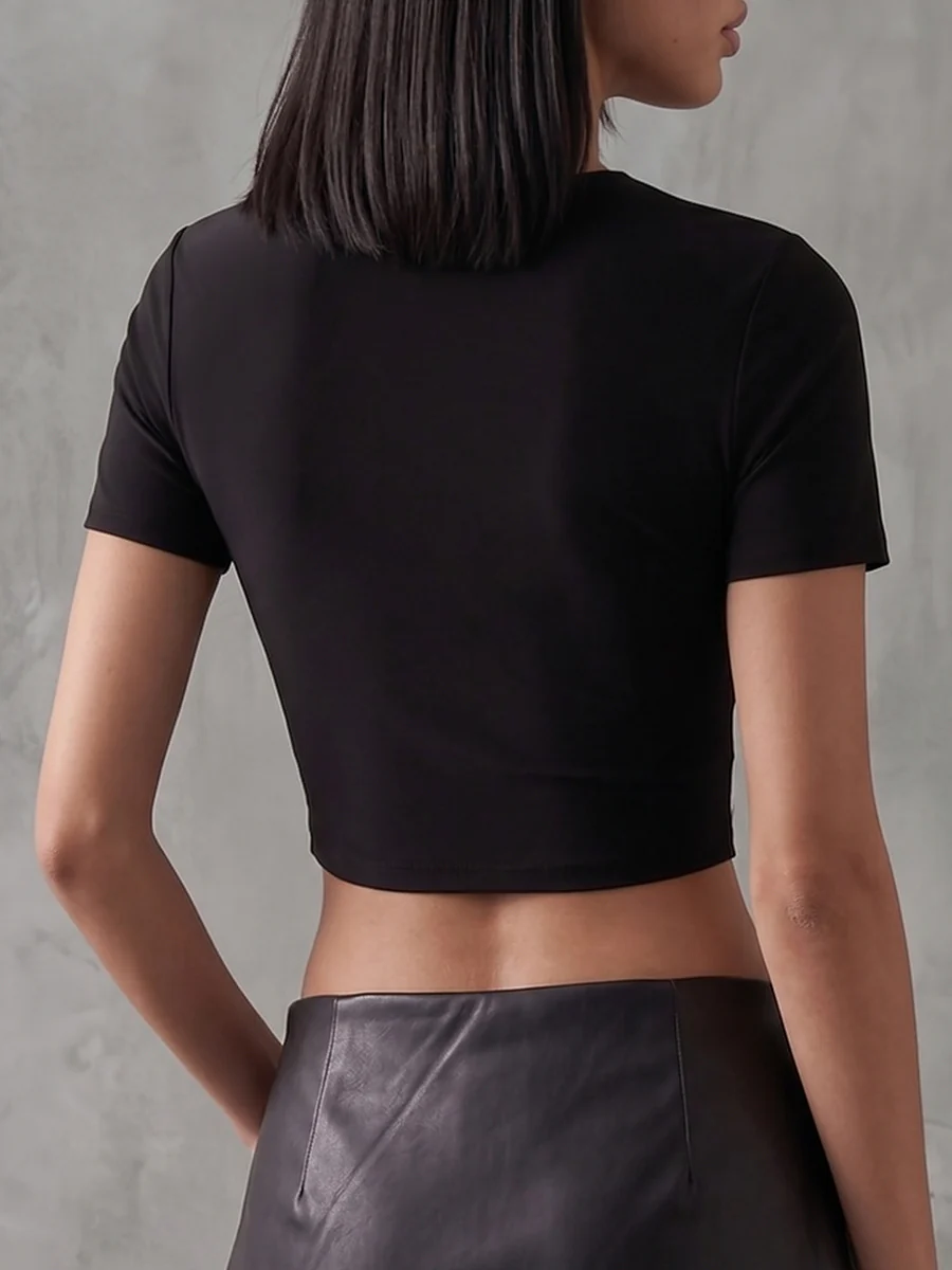 Cropped Short Sleeves Hollow Solid Color Round-Neck T-Shirts Tops - Image 3
