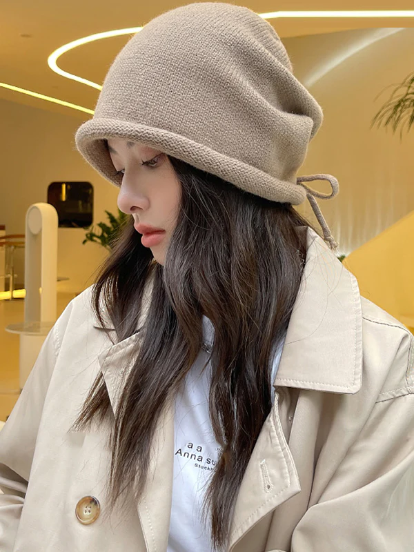 Drawstring Keep Warm Solid Color Tied Knitted Hats - Image 11