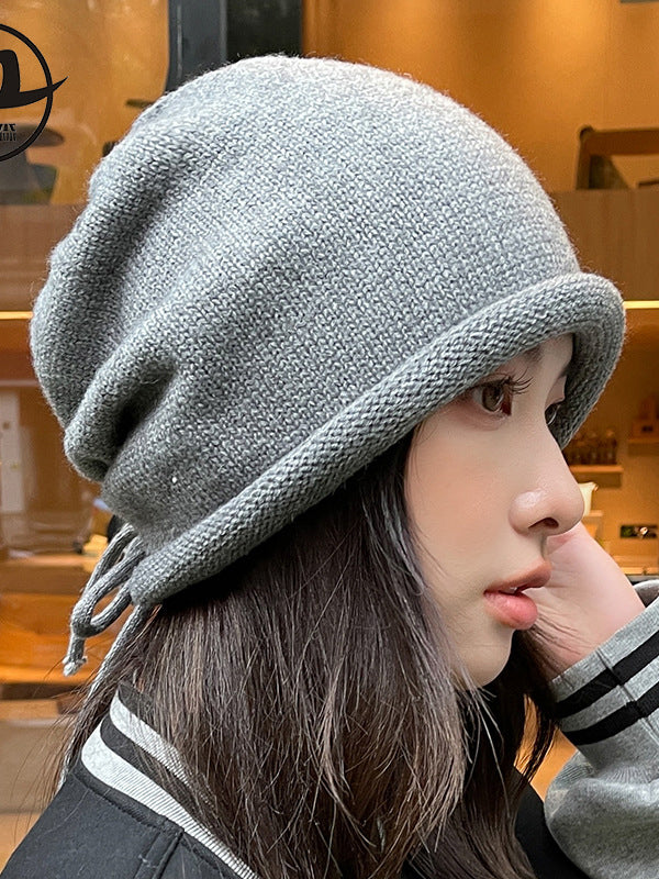 Drawstring Keep Warm Solid Color Tied Knitted Hats - Image 2