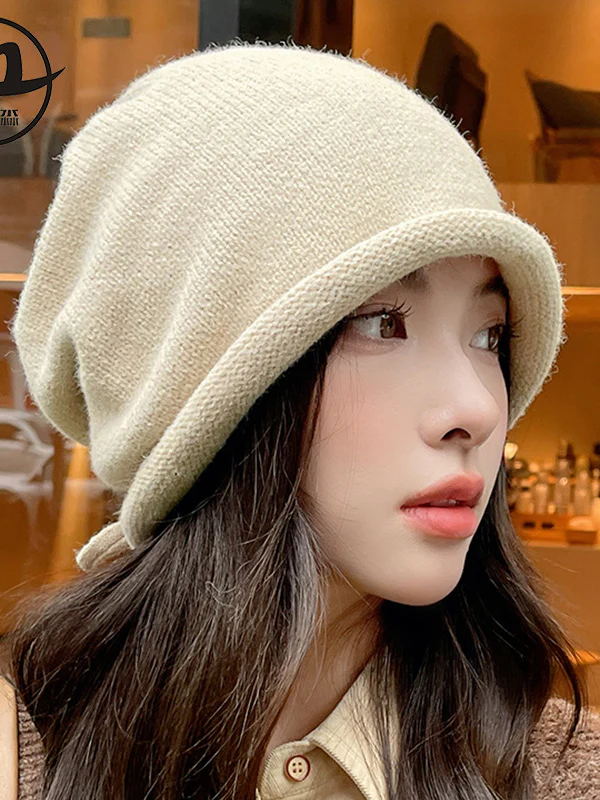 Drawstring Keep Warm Solid Color Tied Knitted Hats - Image 3