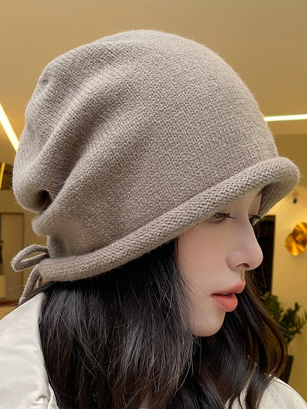 Drawstring Keep Warm Solid Color Tied Knitted Hats - Image 6