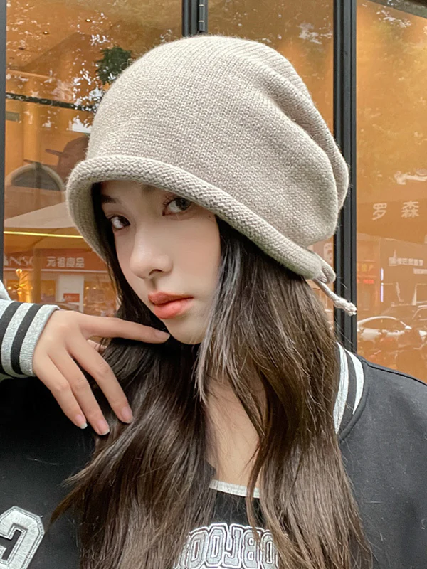Drawstring Keep Warm Solid Color Tied Knitted Hats - Image 7