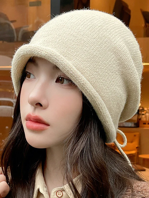 Drawstring Keep Warm Solid Color Tied Knitted Hats - Image 8