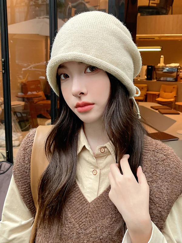 Drawstring Keep Warm Solid Color Tied Knitted Hats - Image 9