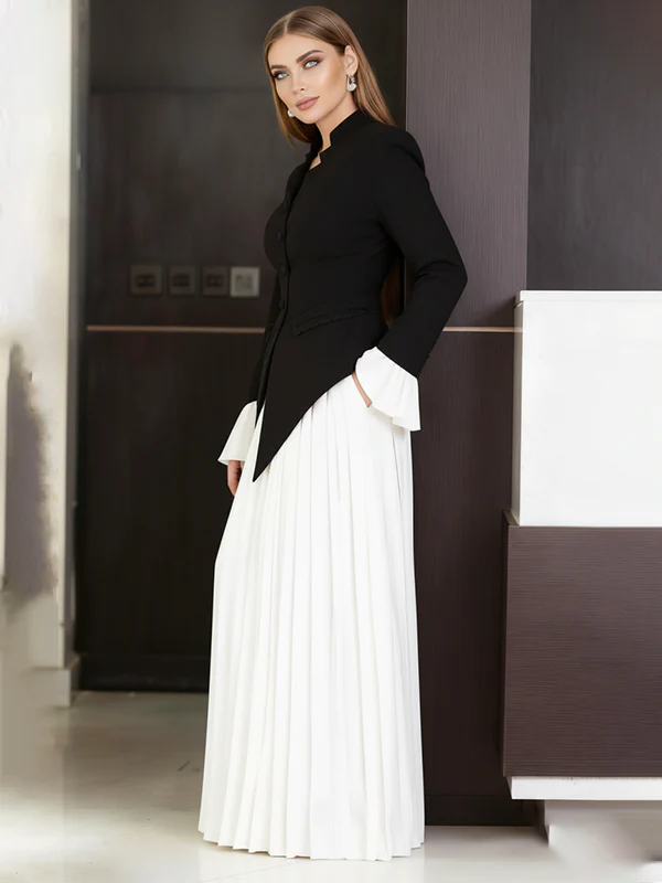 Elasticated Waist Flared Sleeves Asymmetric Belted Buttoned Contrast Color Split-Joint Stand Collar Blouses&Shirts Tops - Image 4