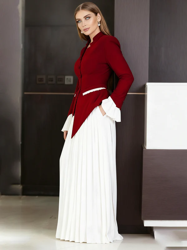 Elasticated Waist Flared Sleeves Asymmetric Belted Buttoned Contrast Color Split-Joint Stand Collar Blouses&Shirts Tops - Image 7