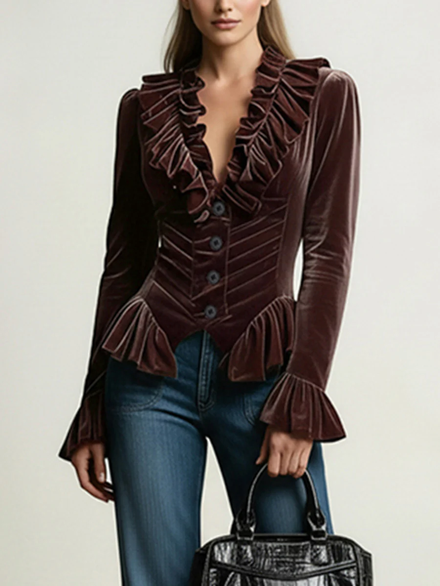 Elasticated Waist Flared Sleeves Buttoned Pleated Ruffled Solid Color Split-Joint Deep V-Neck Blouses&Shirts Tops - Image 2