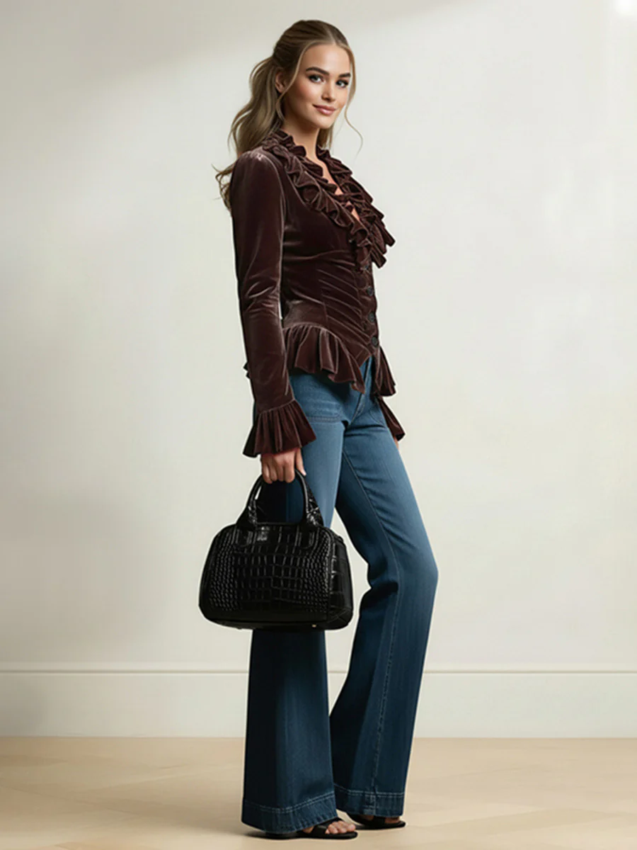 Elasticated Waist Flared Sleeves Buttoned Pleated Ruffled Solid Color Split-Joint Deep V-Neck Blouses&Shirts Tops - Image 5