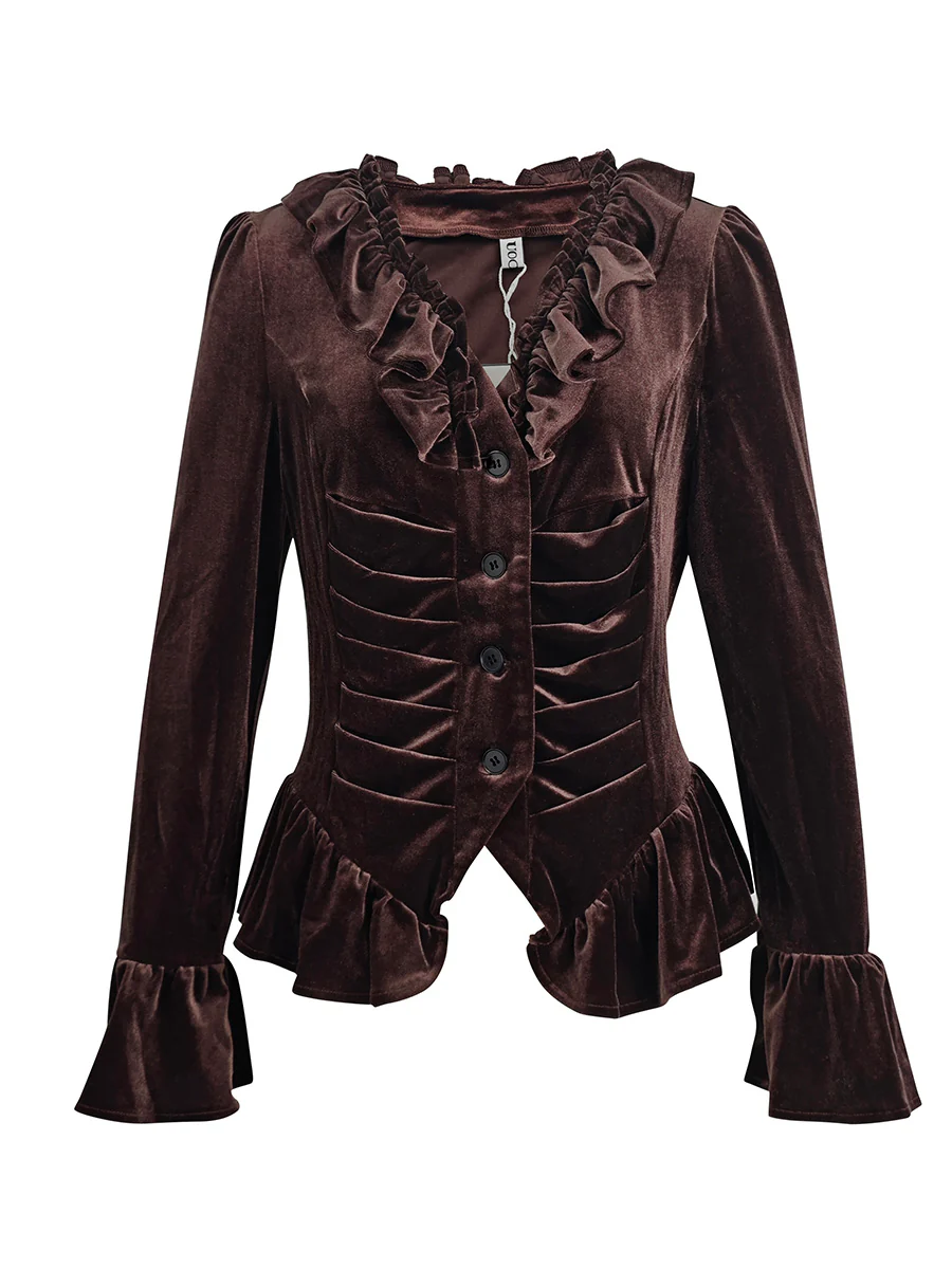 Elasticated Waist Flared Sleeves Buttoned Pleated Ruffled Solid Color Split-Joint Deep V-Neck Blouses&Shirts Tops - Image 7