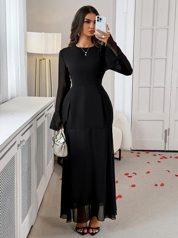 Elasticated Waist Flared Sleeves See-Through Solid Color Split-Joint Round-Neck Maxi Dresses - Image 2