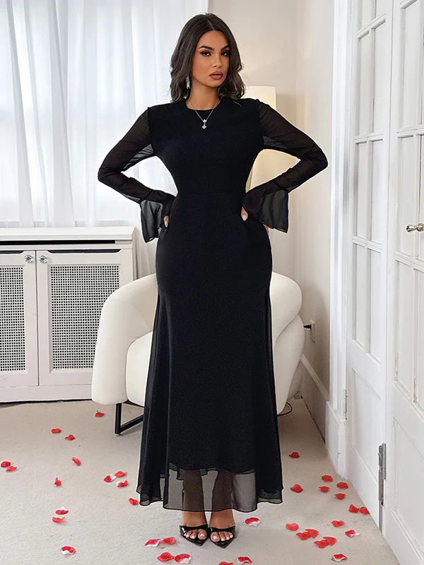 Elasticated Waist Flared Sleeves See-Through Solid Color Split-Joint Round-Neck Maxi Dresses - Image 3