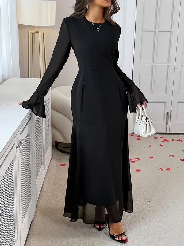 Elasticated Waist Flared Sleeves See-Through Solid Color Split-Joint Round-Neck Maxi Dresses - Image 4