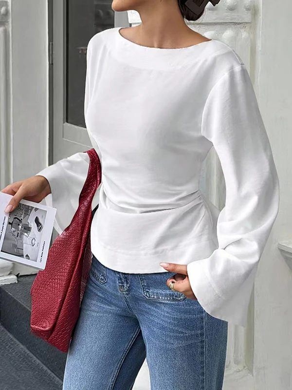 Elasticated Waist Flared Sleeves Solid Color Split-Joint Tied Waist Round-Neck T-Shirts Tops - Image 2
