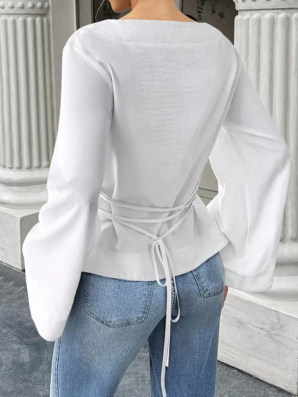 Elasticated Waist Flared Sleeves Solid Color Split-Joint Tied Waist Round-Neck T-Shirts Tops - Image 3