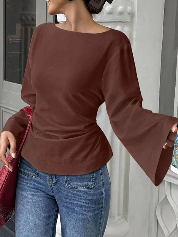 Elasticated Waist Flared Sleeves Solid Color Split-Joint Tied Waist Round-Neck T-Shirts Tops - Image 4