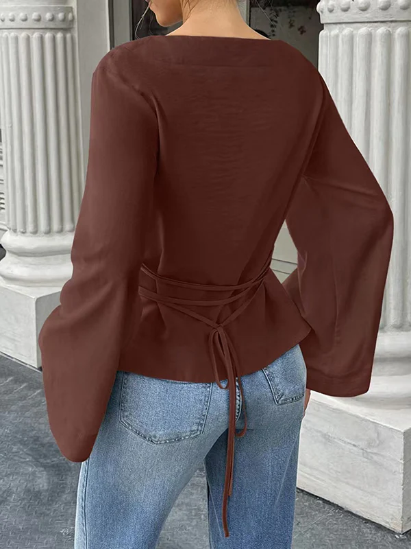 Elasticated Waist Flared Sleeves Solid Color Split-Joint Tied Waist Round-Neck T-Shirts Tops - Image 5