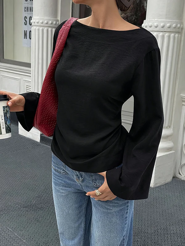 Elasticated Waist Flared Sleeves Solid Color Split-Joint Tied Waist Round-Neck T-Shirts Tops - Image 8