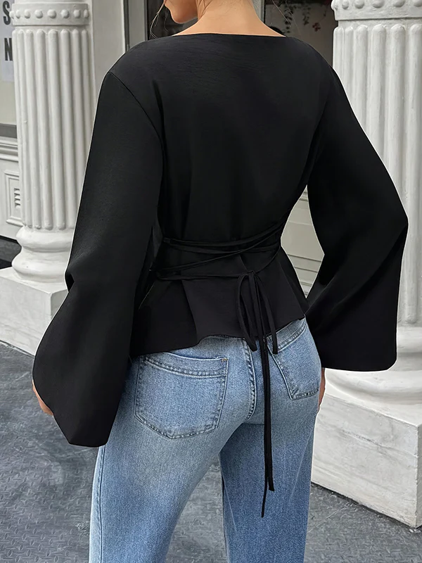 Elasticated Waist Flared Sleeves Solid Color Split-Joint Tied Waist Round-Neck T-Shirts Tops - Image 9