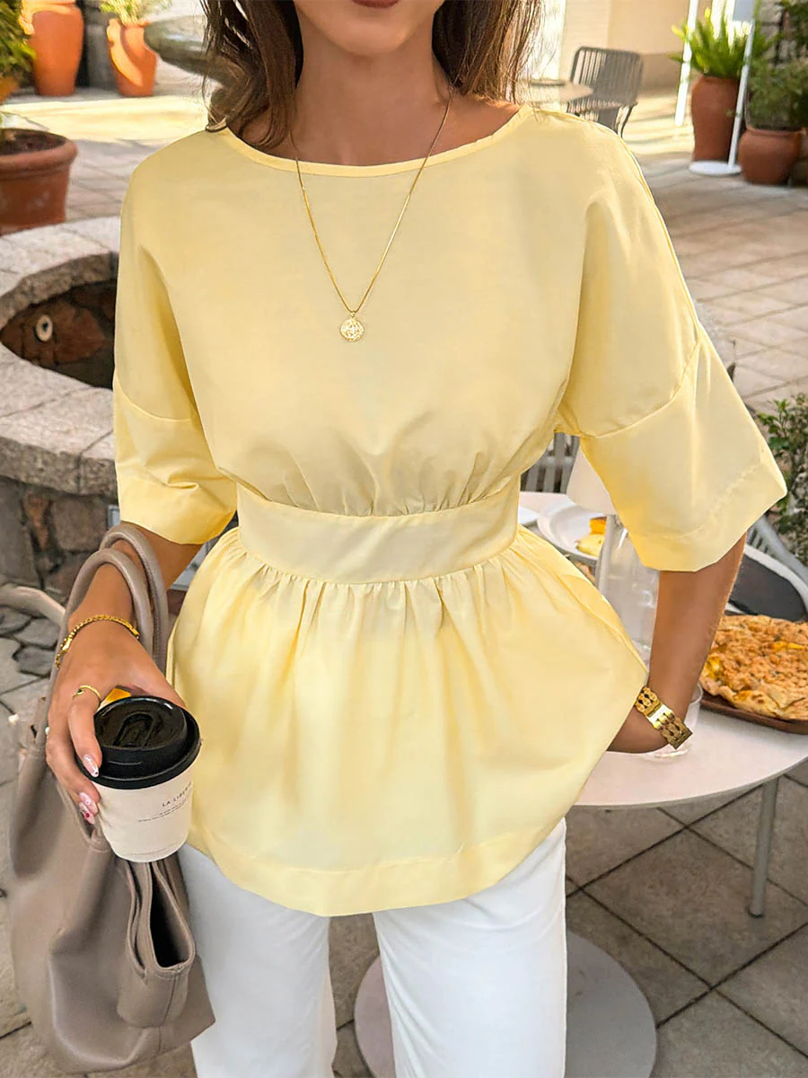 Elasticated Waist Half Sleeves Pleated Solid Color Round-Neck Blouses&Shirts Tops - Image 2