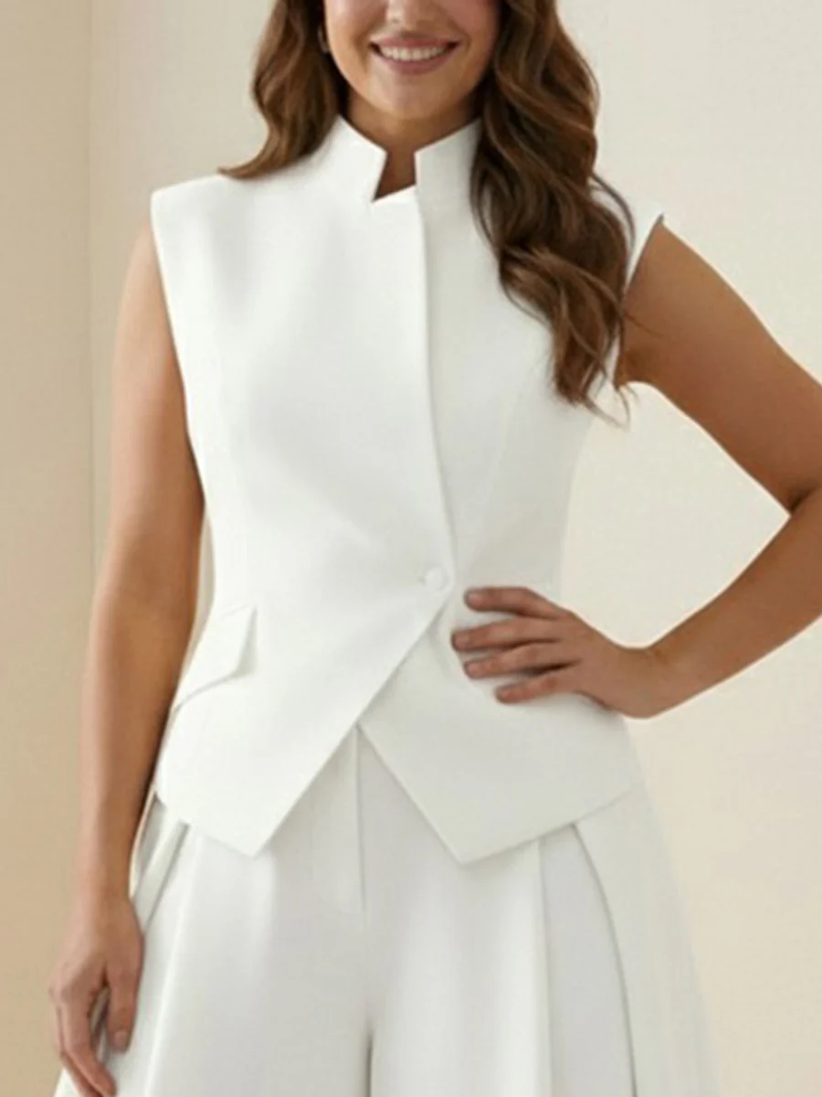 Elasticated Waist High Waisted Asymmetric Buttoned Solid Color Split-Joint Stand Collar Tank Top - Image 10